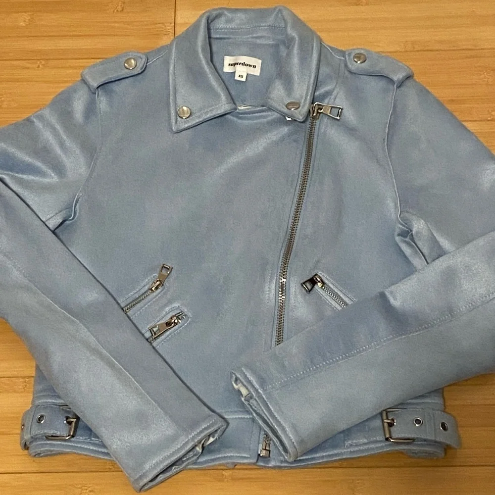 Superdown x Revolve Light Blue Faux Suede Moto Biker Jacket XS